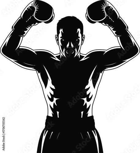 Triumphant boxer silhouette ready to fight banner advertisement