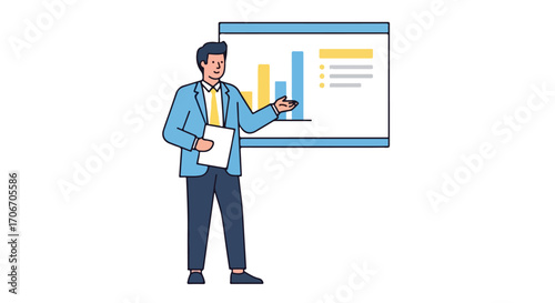 Businessman presenting financial data, depicting statistical analysis and strategic planning, indicating growth and informative analytics during a
