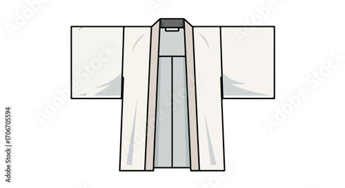 Stylized depiction of a traditional japanese garment, presenting a cultural white kimono representation with dark trim and soft shadowing