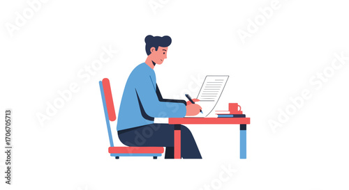 Focused individual engrossed in document completion at desk illustration conveying professionalism and dedicated effort within work or academic tasks