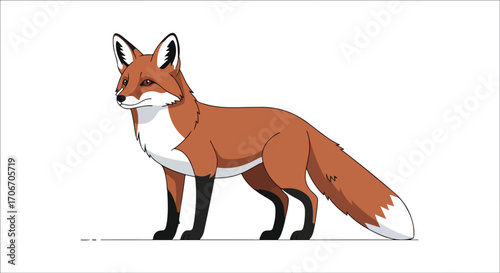 Elegant depiction of a red fox standing gracefully against a pristine white backdrop in a stylized cartoon illustration