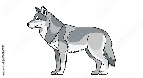Cartoon depiction of a noble wolf, depicted in shades of gray, isolated on a stark white background representing strength and wilderness