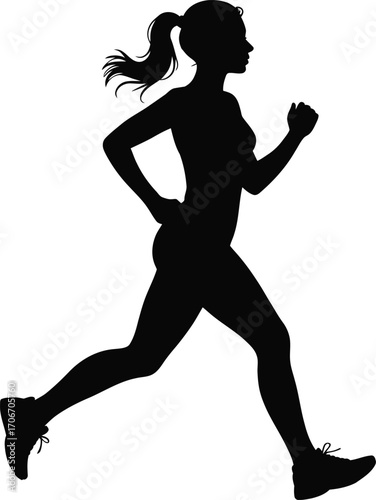 Dynamic silhouette of a woman running with a flowing ponytail
