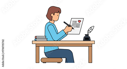 Illustration of a person writing a letter with a heart, books and inkwell on a wooden desk at home sending love and good wishes to a special someone