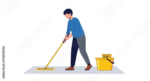 A flat illustration of a person mopping the floor with cleaning tools and a bucket on a white background showing cleaning routine