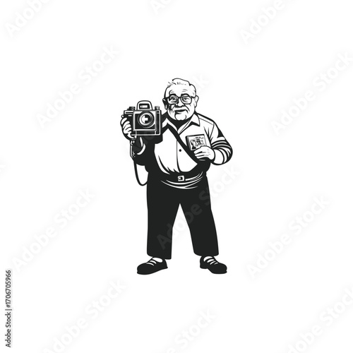 illustration featuring an elderly man with glasses and a mustache holding an old twin-lens reflex camera