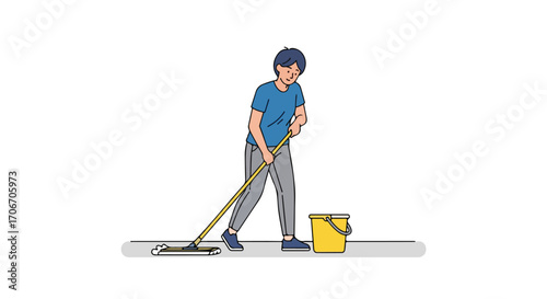 Depiction of a focused individual utilizing a mop alongside a bucket for floor maintenance showing sanitation initiative with a light minimalistic
