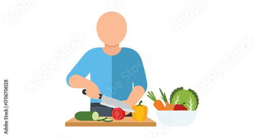 A faceless figure in a blue shirt slicing colorful vegetables for preparing a healthy and nutritious meal on a cutting board illustration