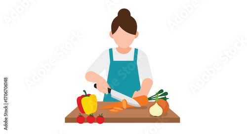 Culinary Preparation: Cartoon Woman Slicing Vegetables on a Cutting Board for Fresh Salad or other Dish Preparation