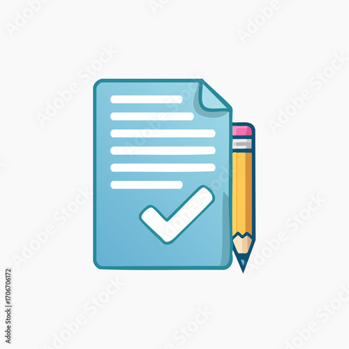 Illustration depicting a document with a checkmark, alongside a sharpened pencil for creative concepts