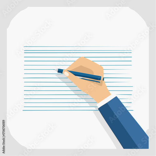 Illustration depicting a hand writing on lined paper with a pen, flat design style concept