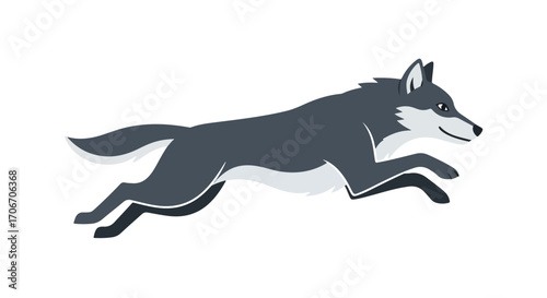 Animated Wolf Sprinting on a White Background, Character Design Illustration Depicting Movement and Energy
