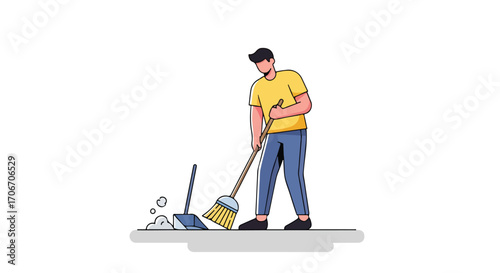 Illustration of a man sweeping the floor with a broom and dustpan, representing cleaning activity and daily chores