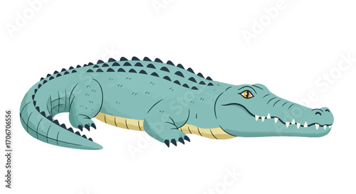 Whimsical crocodile character with distinct scales, resting in calm, an inviting illustration for educational or playful projects and related uses