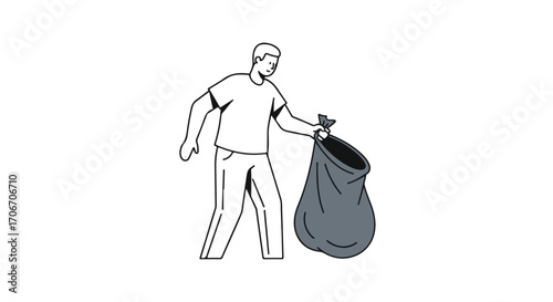 Illustration of a man carrying a garbage bag, emphasizing waste disposal and environmental responsibility through a minimalist design