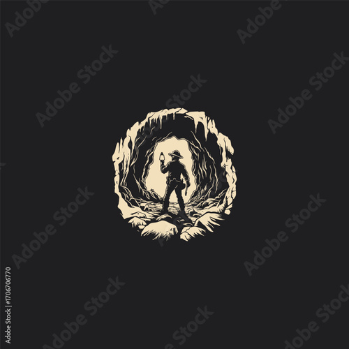 vector illustration depicting an adventurer, wearing a hat and holding a lantern or flashlight, standing in the entrance of a mysterious cave