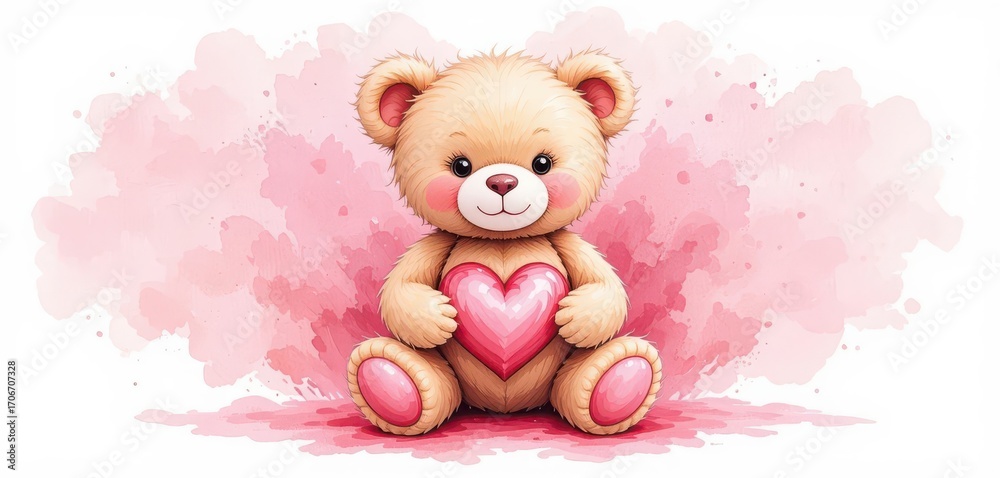 Obraz premium Watercolor Style Teddy Bear with a Pink Heart on a Washed Pink Canvas