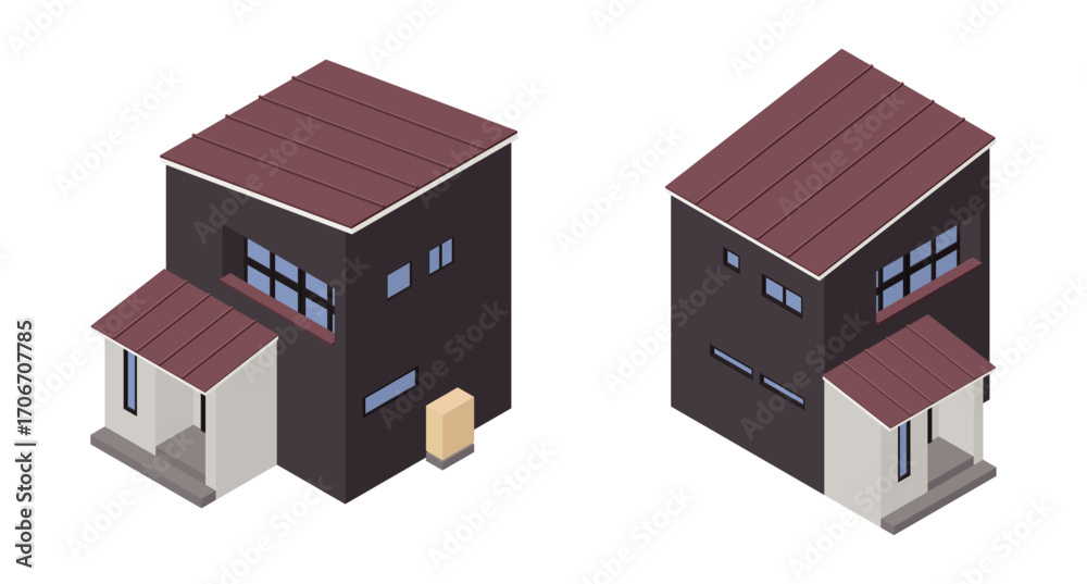 Fototapeta premium Isometric illustrations of two modern two-story houses with reddish-brown roofs, dark gray walls, white entrances, rectangular windows 赤茶色の屋根のモダン二階建て住宅二棟のアイソメトリックイラスト、濃灰色の外壁、白い玄関、矩形窓