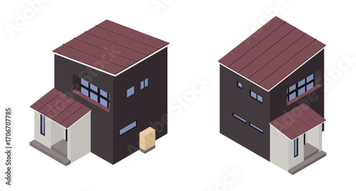 Isometric illustrations of two modern two-story houses with reddish-brown roofs, dark gray walls, white entrances, rectangular windows
赤茶色の屋根のモダン二階建て住宅二棟のアイソメトリックイラスト、濃灰色の外壁、白い玄関、矩形窓