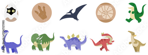 Set of ten dinosaur cartoon icons, including egg, footprint, pterosaur, ammonite
恐竜のカートゥーンアイコン10点、卵、足跡、翼竜、アンモナイト