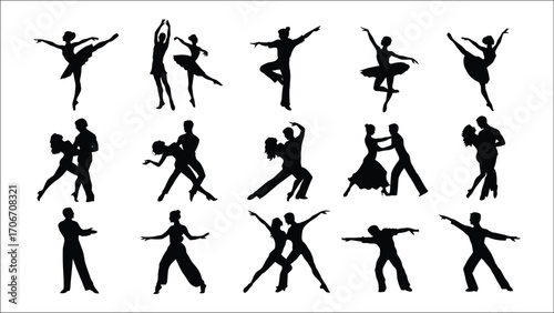 Silhouetted Dance Figures Showcasing Diverse Styles of Movement Ballerinas Ballroom Tango and Freestyle Dancing Isolated Against a White Background
