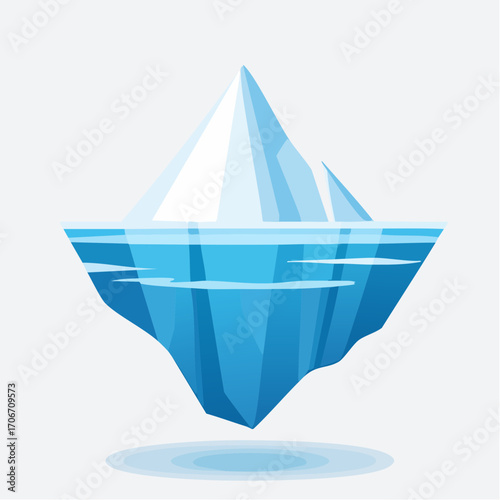 Illustration of an iceberg floating in water with a shadow on a plain white background