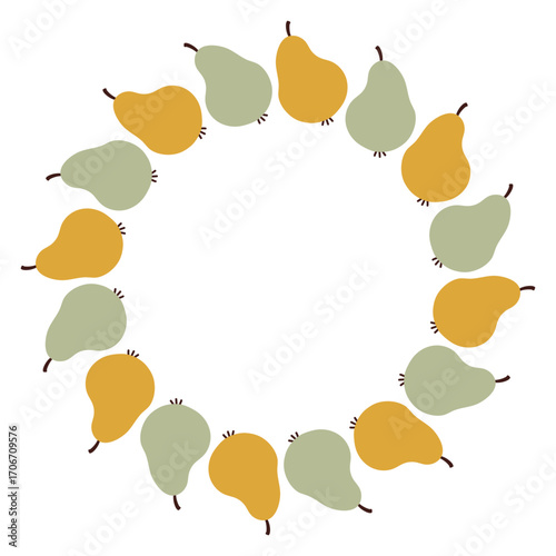 Autumn pear circle frame. Round border made of doodle hand drawn fall pears. The pears are arranged in a circle for stickers, banners, cards, ads. Vector flat isolated on white background.