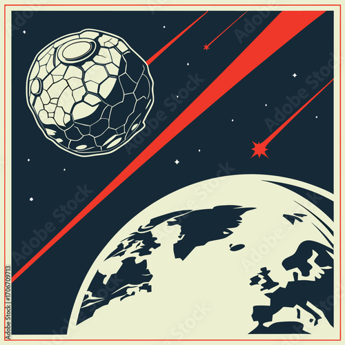 Space scene with meteor shower and planets asteroid