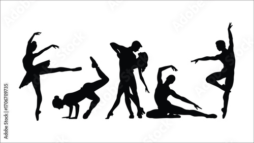 Expressive Silhouette Dance Showcase Diverse Movements and Styles Graceful Forms and Dynamic Poses Captivating Black and White Visuals