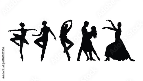 Elegant Silhouettes of Dancers Gracefully Performing Ballet, Contemporary, and Ballroom Styles Against a Clean White Backdrop