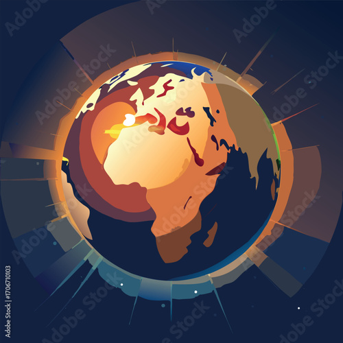 Stylized Earth with radiating energy bursts globe planet