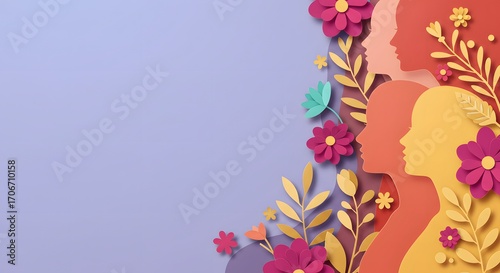 International Women's Day with Diverse Female Silhouettes and Paper Flowers on Purple