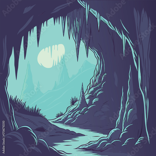 Stylized illustration of a dark cave interior with glowing elements