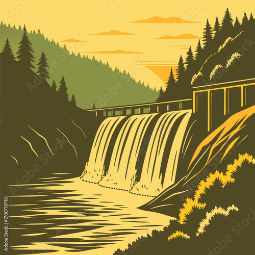 Stylized waterfall and dam with forest landscape river