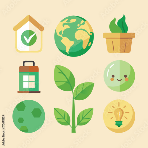 Sustainable Living and Nature Icons Set ecology environment