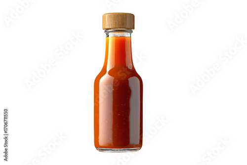 a bottle of sauce with a wooden lid