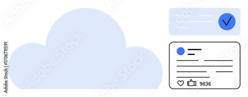 Blue cloud with a verified badge, social media card, thumbs ups, and engagement stats. Ideal for cloud apps, social media, online security, tech blogs, branding networking simple landing page