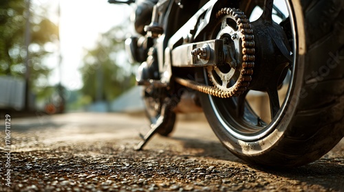 Close-up of motorcycle rear wheel with chain and gear mechanism.
