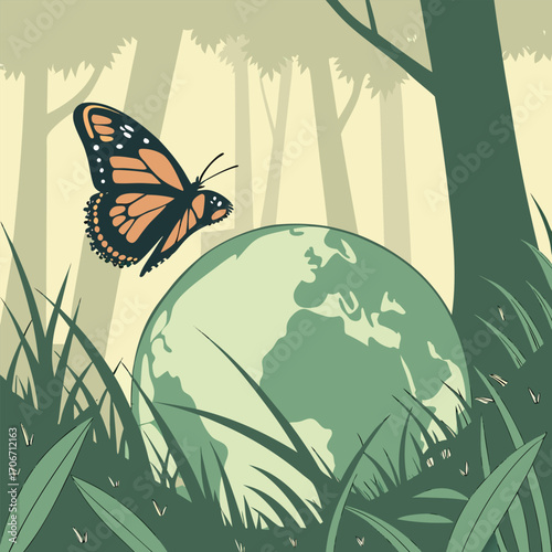 Monarch butterfly on Earth in a grassy forest clearing