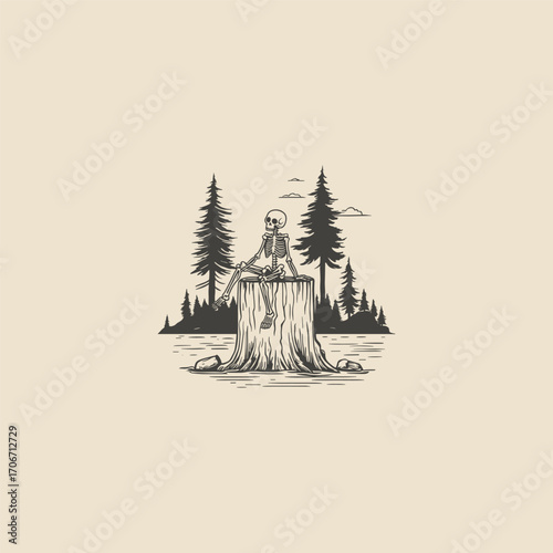 vector illustration in an engraving style, depicting a full skeleton sitting calmly on a chopped tree stump near a lake or river, with pine trees in the background
