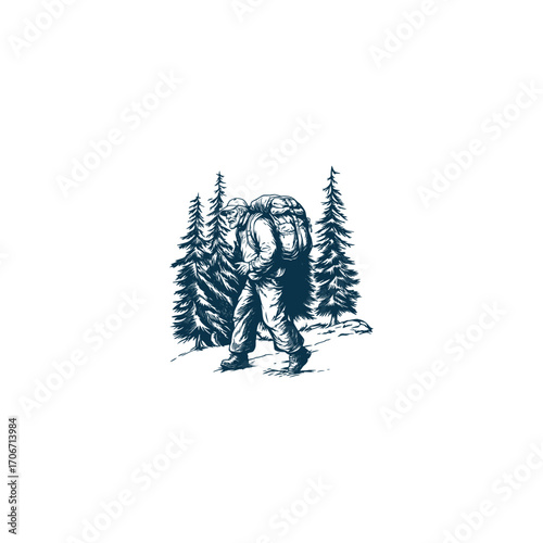 vector illustration in an engraving style, depicting an older man hiking with a large backpack and a trekking pole between pine trees forest 