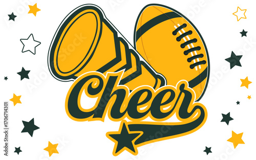 Cheerleader Megaphone, a Football and the word CHEER. Green Bay Cheerleading illustration.