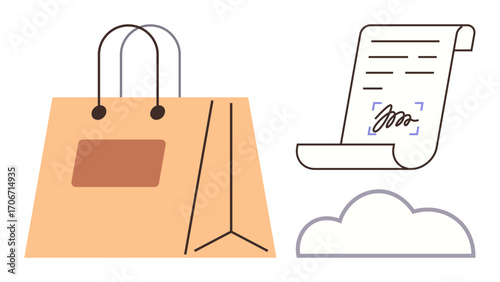 Minimalist paper shopping bag, signed contract on a scroll, and cloud icon. Ideal for e-commerce, contracts, digital storage, retail, logistics, online shopping business legality simple flat