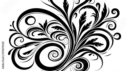 An elegant black and white decorative flourish with intricate swirling patterns, ideal for graphic design elements and ornamental accents.
