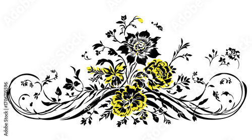 An elegant vintage floral flourish design, featuring intricate black and yellow botanical elements and decorative swirls, perfect for classic graphic projects.