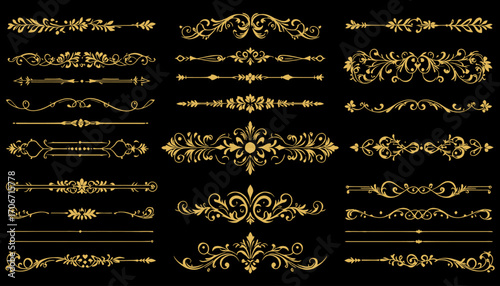 Collection of 25 elegant gold flourish vector PNG dividers; perfect for adding a vintage, ornate touch to your designs, websites, or invitations.