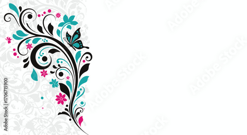 Decorative floral flourish with elegant swirling patterns and butterfly accents, ideal for graphic design elements and invitations.
