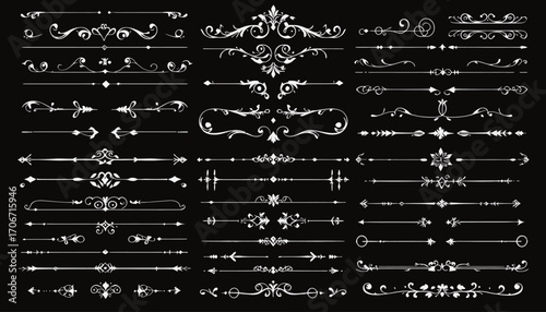 Elegant vector flourish elements in white against a dark background, perfect for adding a touch of sophistication to designs with a classic, ornamental style.
