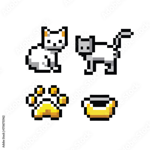 Cat-Themed 8-Bit Pixel Art Icon Set. Collection of 4 Retro Pet and Accessory Sprites