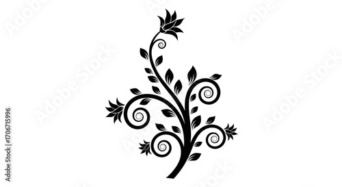Elegant vector flourish design element featuring swirling vines, delicate leaves, and stylized floral accents, ideal for adding a touch of refinement to various creative projects.